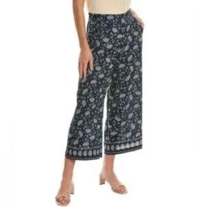 Max Studio Wide Leg Pull On Crop Pants With Pockets Navy Floral Size M